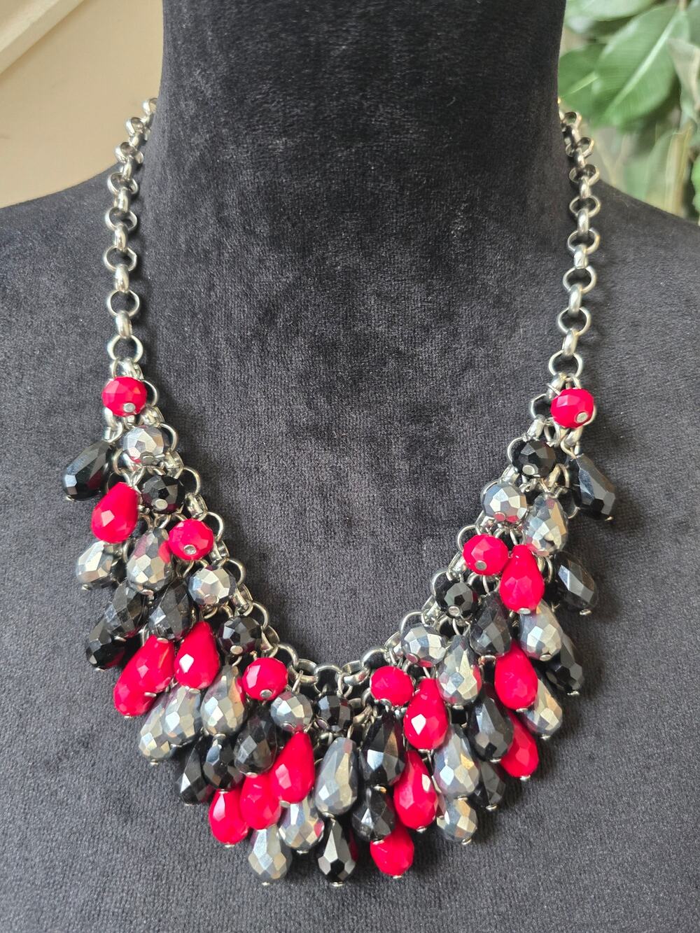 Red Black Gray Crystal Statement Necklace
